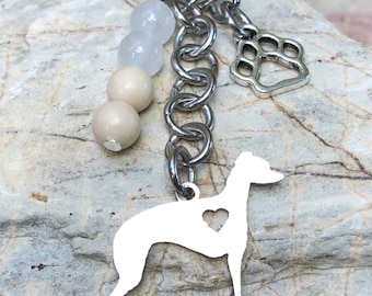 Italian Greyhound dog keychain, stainless steel gemstone bag charm, key chain, Italian greyhound jewelry, jewellery, pet key ring, Christmas