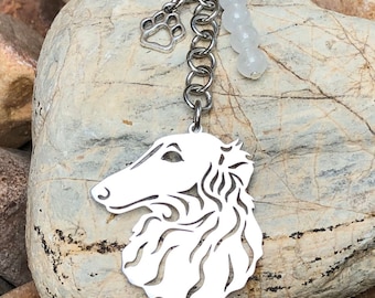 Borzoi dog keychain, dog bag charm, dog key chain, gemstone, borzoi dog jewellery, jewelry, dog lover gift, face Christmas