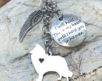 Rough Collie dog keychain, stainless steel pet memorial, keepsake, pet loss key chain, bag charm, rainbow bridge gift, rough collie jewelry