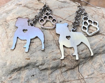 Staffordshire Terrier dog earrings, staffy dangle earrings, dog themed earrings, staffy jewelry, jewellery, stainless steel, Christmas, gift