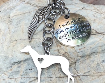 Greyhound dog memorial keychain, pet keepsake key chain, stainless steel greyhound bag charm, pet loss, greyhound dog jewelry