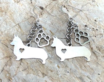 Corgi drop earrings - dangle dog earrings - pembroke welsh corgi jewelry - animal themed jewellery