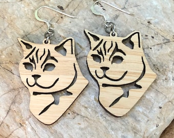 British Shorthair cat wood earrings, drop earrings, cat earrings, cat lover jewelry, cat gift, british cat jewellery, bamboo, Christmas