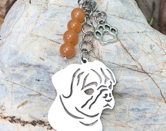 Pug dog keychain, stainless steel dog bag charm, dog key chain, pug jewelry, jewellery, pet charm, keepsake, Christmas, gift