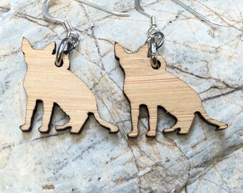 Devon Rex cat wood earrings, sterling silver bamboo drop earrings jewelry, Devon Rex cat jewellery, Christmas gift