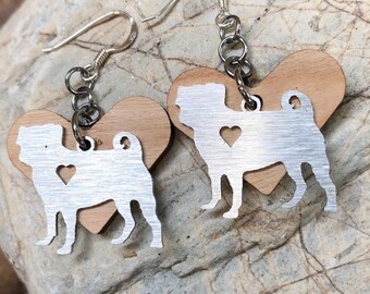 Pug dog drop earrings - dog earrings - drop earrings - pug jewelry - jewellery - dog - pet - dog lover - wood heart