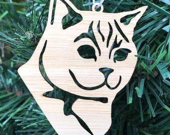 British Shorthair cat bamboo wood christmas ornament, cat face tree ornament, xmas hanging decoration