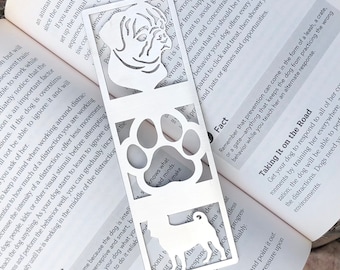 Pug stainless steel bookmark, dog bookmark, pug dog gift, lasercut stainless steel book mark, Christmas