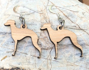 Whippet dog wood earrings, drop earrings, dog earrings, dog lover jewelry, dog gift, whippet dog jewellery, bamboo, Christmas