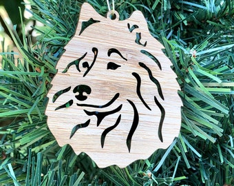 Samoyed dog bamboo wood christmas ornament, smiling samoyed dog face tree ornament, xmas hanging decoration
