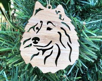 Samoyed dog bamboo wood christmas ornament, smiling samoyed dog face tree ornament, xmas hanging decoration