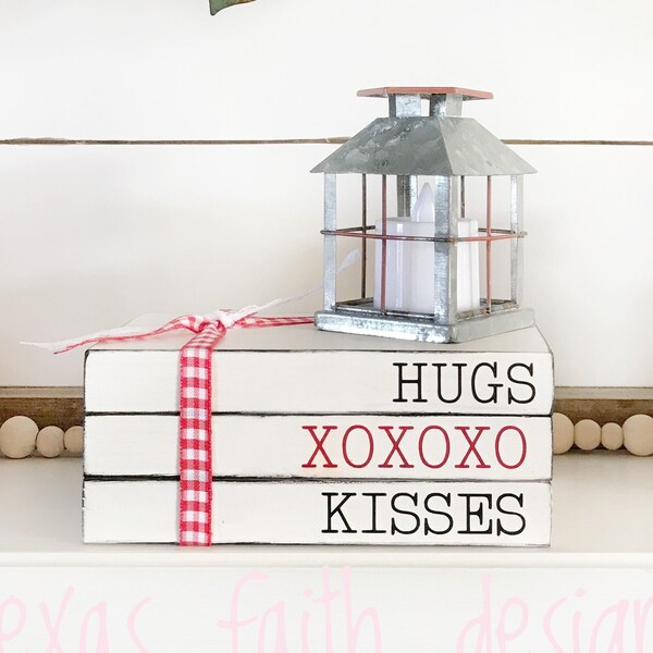 hardcover books for display Book Stack-Mini Book Bundle-Set 3 Wood Books-Valentines Day-Kisses XOXO Hugs-Tier Tray-Tiered Tray-Faux book