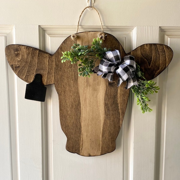 Farmhouse Cow Head Door Hanger With Ear Tag, welcome sign, personalized