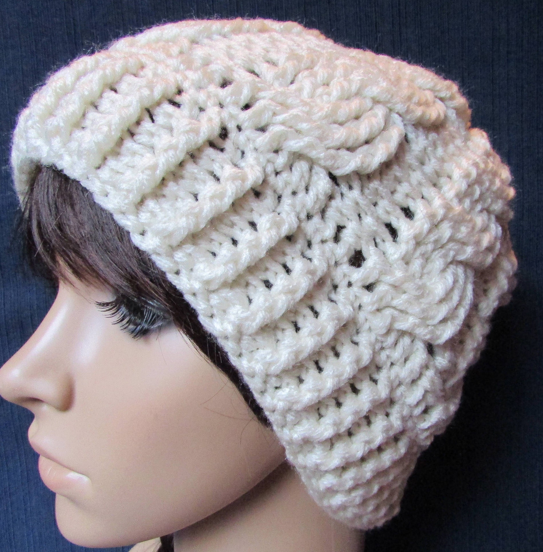 Handmade Virgin Wool Crochet Beanie Cream Beige Two‎ Tone Cable Knit Hat NEW Women main image 4
