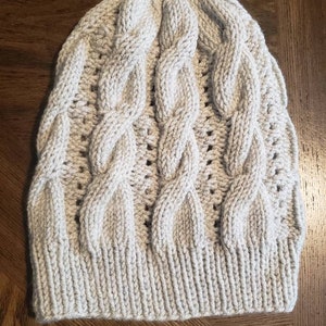 Light Grey Cable Knit Slouchy Beanie with Lacy Panel