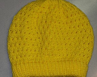 Bright yellow lacy slouchy style beanie with Double Layered Brim