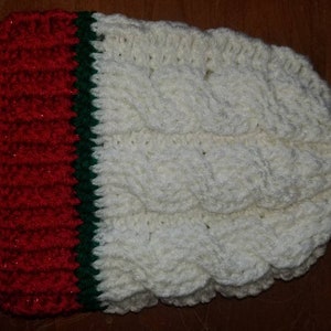 Crochet Cable Knit Beanie in Sparkly Red, white, and green