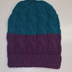 Dark Purple and Teal Cable Knit Slouchy Beanie with double layered brim