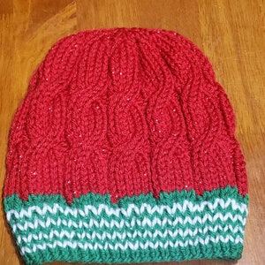 Sparkly Red Cable Knit Slouchy Beanie with Green and White stripped brim