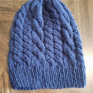 Dark Blue Double Cable Knit Slouchy Beanie