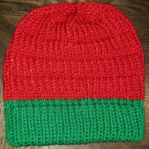 Sparkly Red and Green Rib and Knit Essential Slouchy Beanie with double layered brim