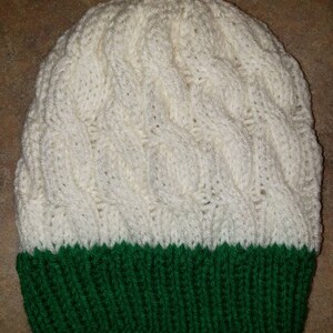 Soft white and green cable knit beanie