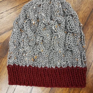 Tweed Grey and Claret Red Cable Knit Slouchy Beanie