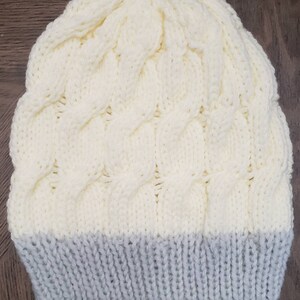 Loose Cable Knit Slouchy Beanie in Soft White and Grey