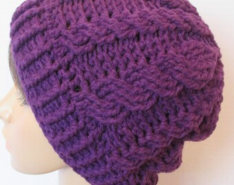 Purple Crochet Double Cable Knit Beanie