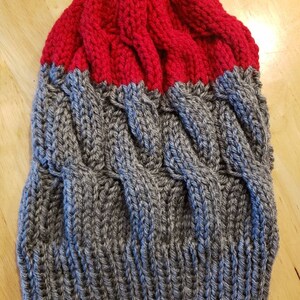 Grey and Red Cable Knit Beanie