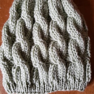 Moss Green Cable Knit Slouchy Beanie with short brim