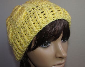 Crochet Cable Knit Beanie in Lemon Yellow