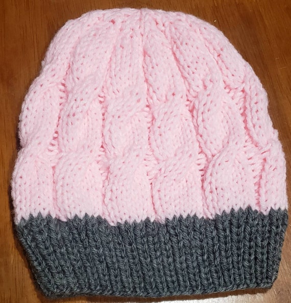 Light Pink and Grey Cable Knit Beanie - Etsy display picture 1