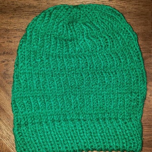 Green Rib and Knit Stitch Essential Beanie with double layered brim