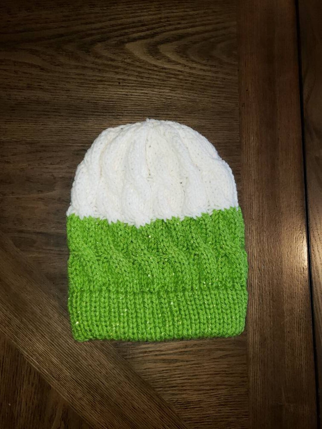 Bright Sparkly Green and White Cable Knit Slouchy Beanie With - Etsy