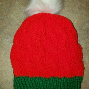 Red and Green Cable Knit Slouchy Beanie with White Pom Pom