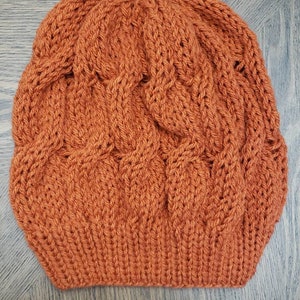 Loose Cable Knit Slouchy Beanie in Dark Pumpkin Orange