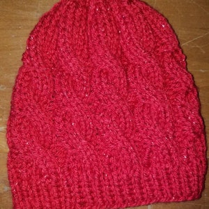 Sparkly Red Cable Knit Slouchy Beanie