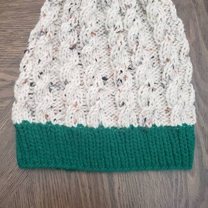 Green and Flecked Oatmeal Double Cable Knit Slouchy Beanie