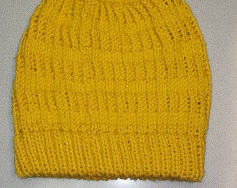 Rib and Knit Stitch Essential Beanie in Mustard Yellow