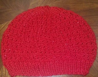 Sparkly Red Lacy Slouch Knit Beanie