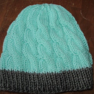 mint and grey cable knit beanie