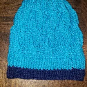 Navy Blue and Bright Blue Cable Knit Slouchy Beanie