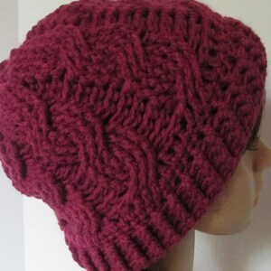 Crochet Cable Knit Beanie in Soft Wine