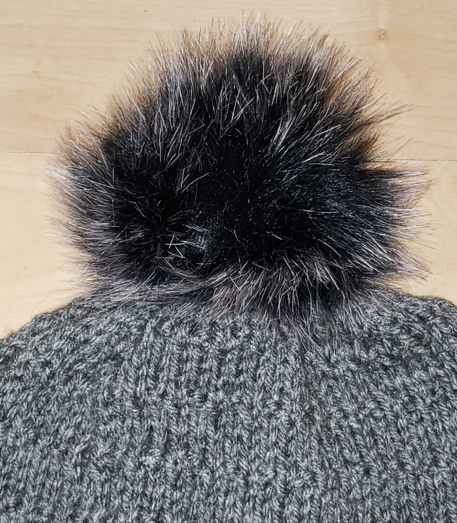 Grey Knit Slouchy Beanie With Black Faux Fur Pompom - Etsy