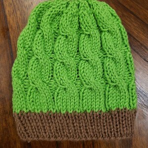 Spring Green and Medium Brown Cable Knit Slouchy Beanie