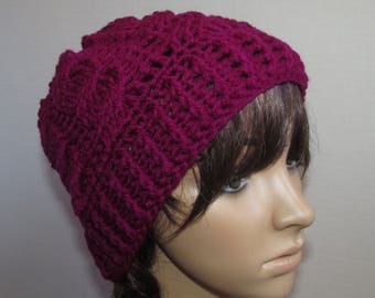Crochet Cable Knit Beanie in Boysenberry