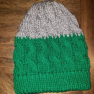 Green and Grey Cable Knit Slouchy Beanie with Double Layered Brim
