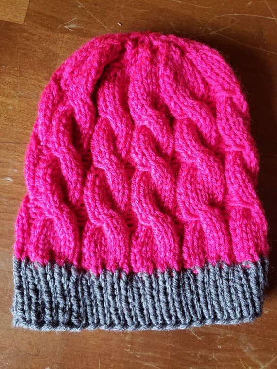 Pink and Grey Cable Knit Beanie - Etsy
