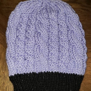 Lilac Purple and Sparkly Black Double Cable Knit Slouchy Beanie